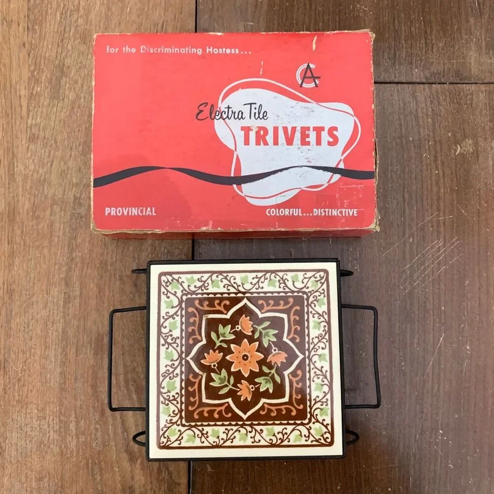 Electra Tile Trivet 70s ceramic tile with iron strand original plug cord and box